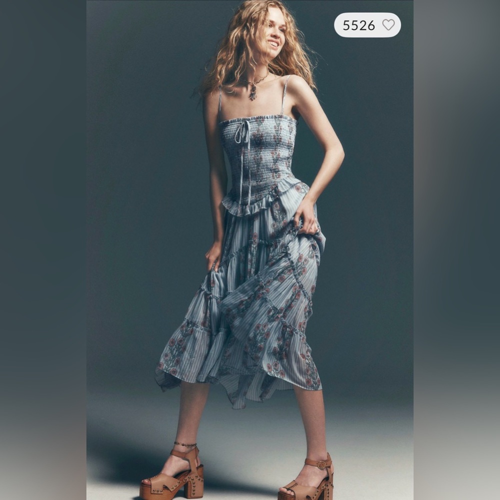 FREE PEOPLE Alejandra Midi Dress Soft Blue Combo Floral Drop waist tiered M - Picture 6 of 16